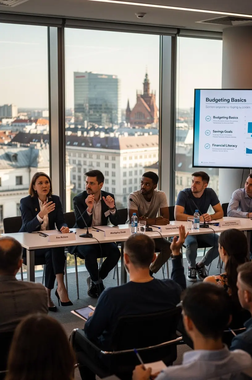 Stos książek o finansach osobistych dostępnych na stoisku podczas miesięcznego spotkania.